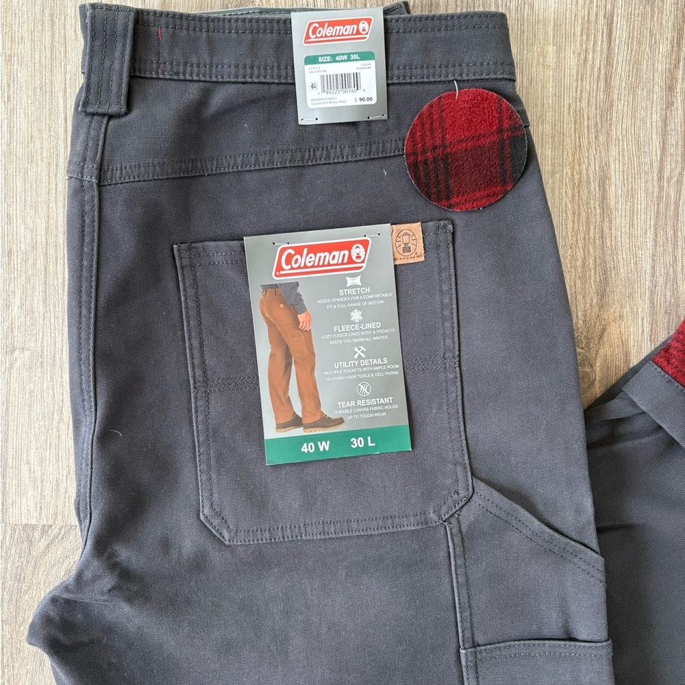 NWT Mens Coleman Canvas Fleece Lined Utility Pants Grey Size 40x30 - Picture 2 of 7
